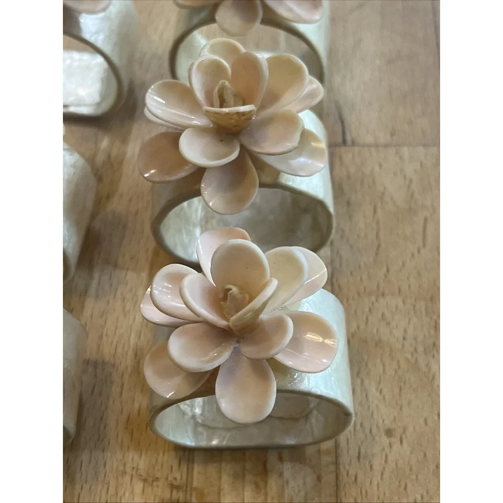 Vintage Capiz Shell Napkin Rings Pink/ Pearl Floral Design Set Of 6 Elegant